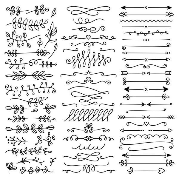 El vektör bölücüler çekilmiş. Çizgiler, kenarlıklar ve defne ayarlayın. Doodle tasarım öğeleri.
