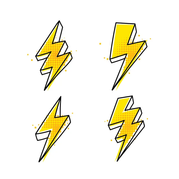 Vier Cartoon Lightning Bolt Hand Getrokken Pictogrammen Illustraties — Stockvector