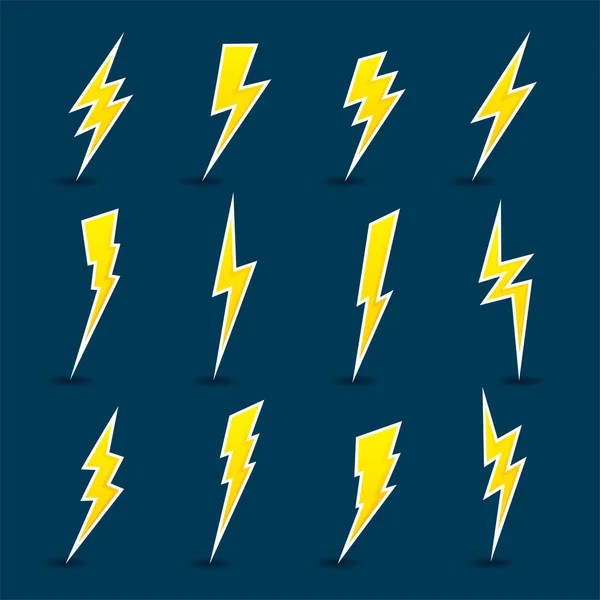 Collection Twelve Yellow Lightning Bolt Hand Drawn Icons Illustrations Blue — Stock Vector