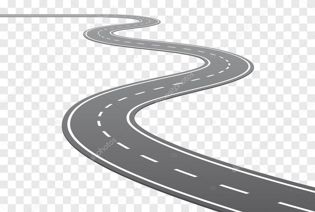 Vector Curved road with white middle line in perspective view