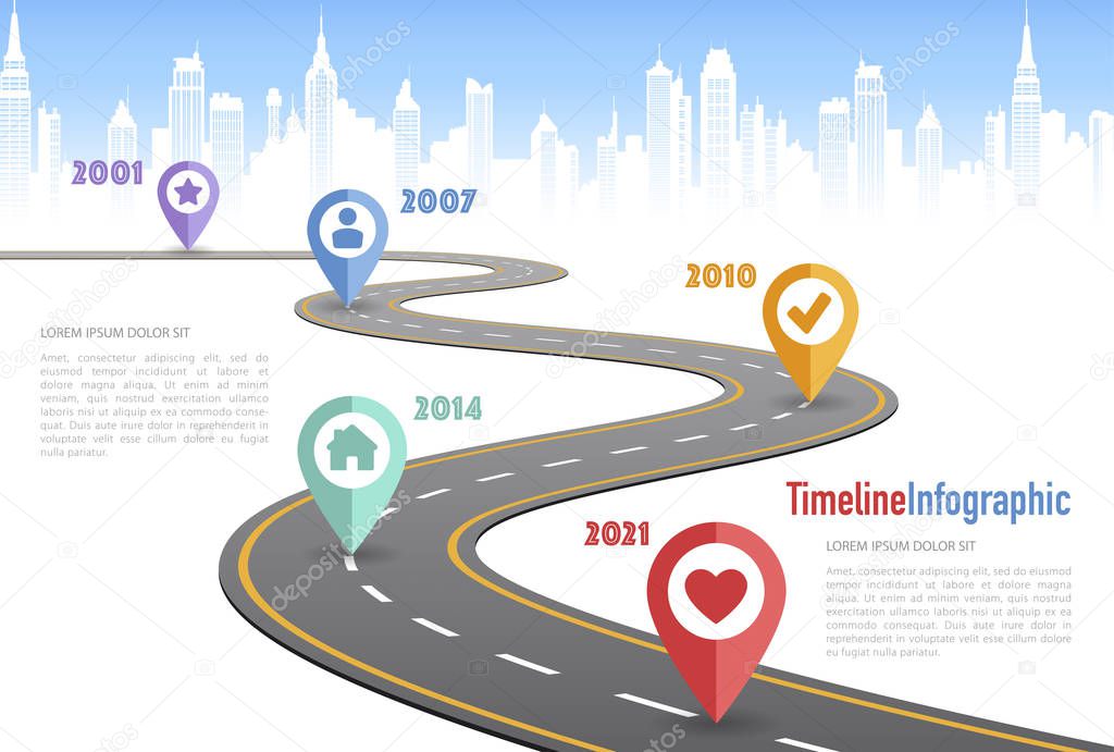 Vector Curved road with white lines in perspective view and infographic elements designed for a timeline concept