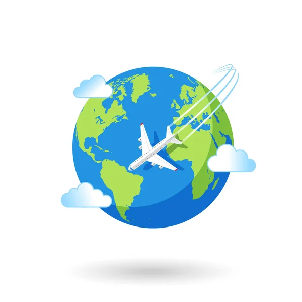 Avión Vectorial Volando Sobre Mapa Del Mundo Diseñado Como Icono — Vector de stock