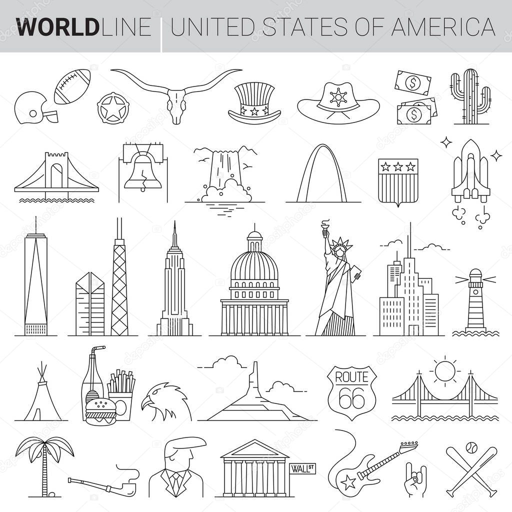 United States cultural icons in thin line vector illustrations