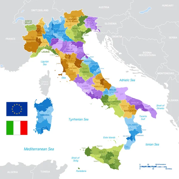 Mappa Politica Vettoriale Italia Con Confini Interi Della Regione Delle — Vettoriale Stock