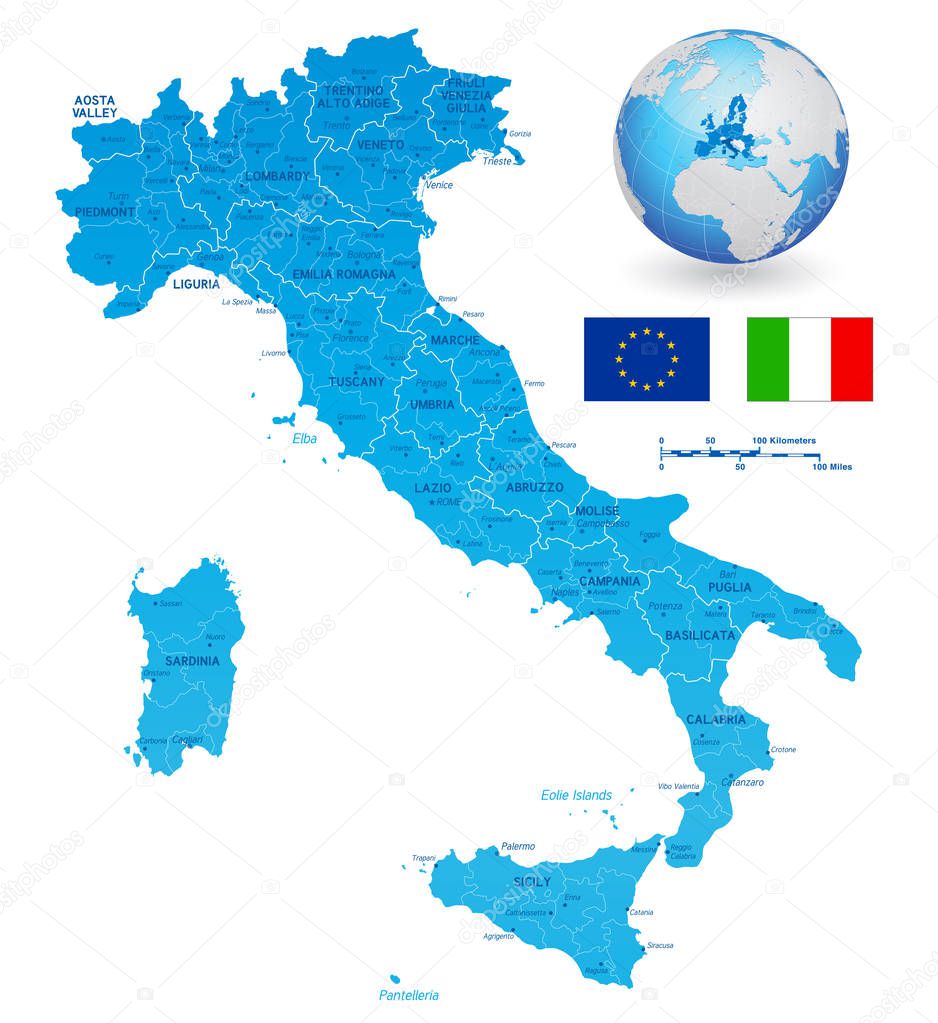 Vector Political Map of Italy with full Region and Provinces Boundaries, completed with flags and a 3d Globe of Earth centered on Italy.
