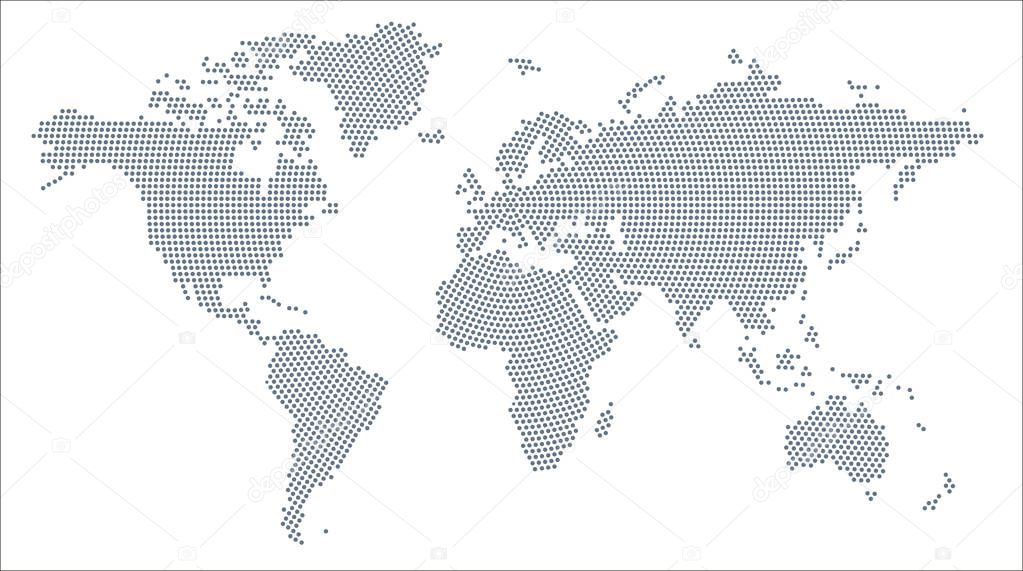 Vector illustration of the World Map fille with Grey Regular Dots in radial pattern.