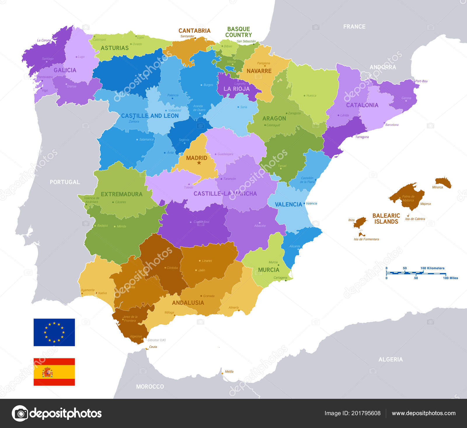 Mapa político da espanha com fronteiras com fronteiras de regiões