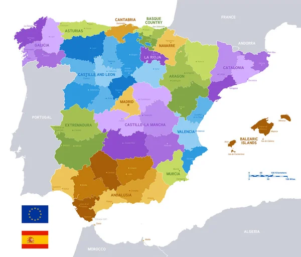Vector Political Map Spain Full Region Provinces Boundaries Completed Flags — Stock Vector