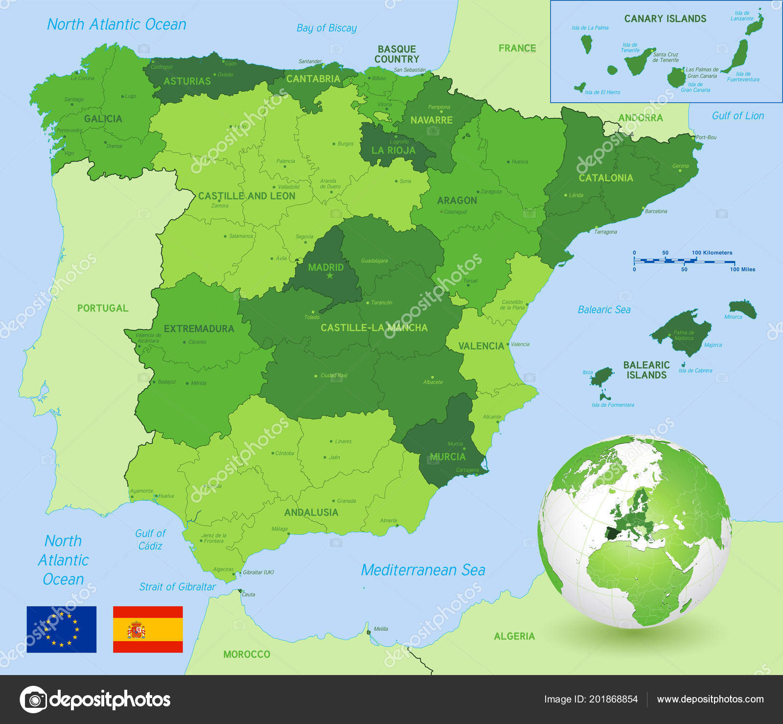 Mapa político da espanha com fronteiras com fronteiras de regiões