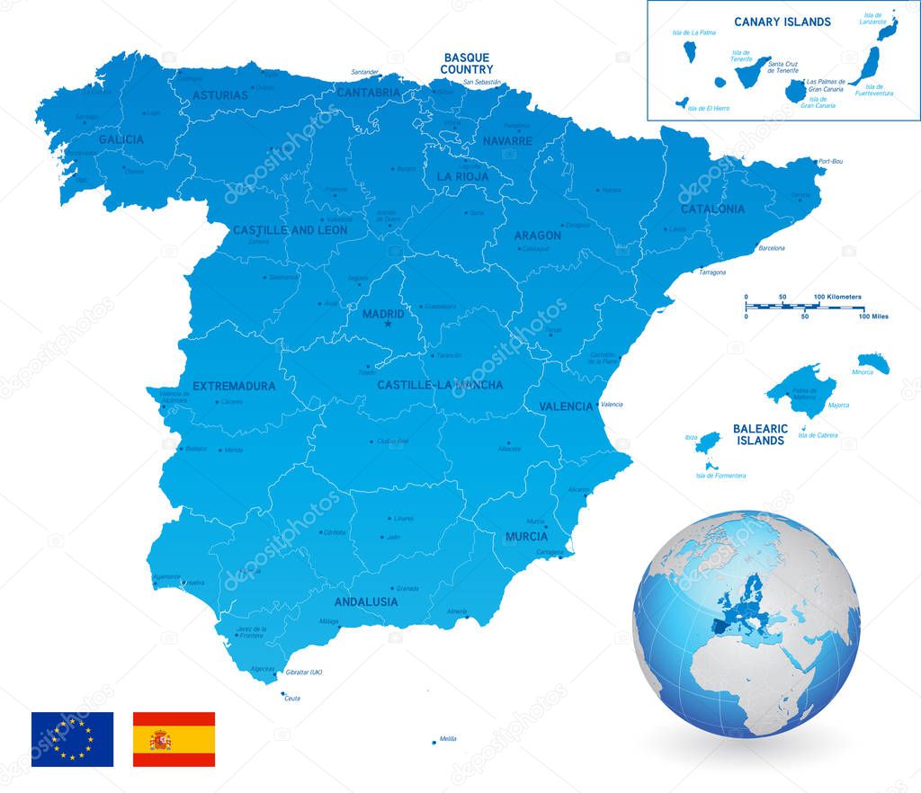 Vector Political Map of Spain with full Region and Provinces Boundaries, completed with flags of Spain and EU and an Earth Globe centered on Europe