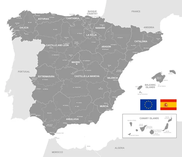 Mapa Vetorial Cinzento Espanha Com Fronteiras Administrativas Nomes Cidades Regiões — Vetor de Stock