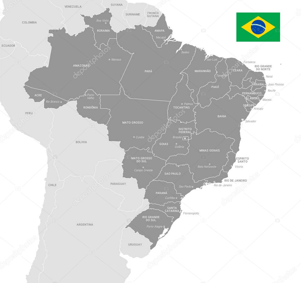 Grey Vector Map of Brazil with Administrative borders, City and Region Names and international bordering countries