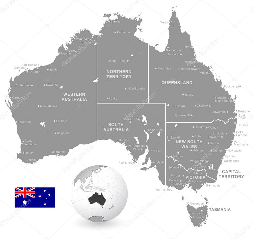 Grey Vector Map of Australia with Administrative borders, City and Region Names, international bordering countries and a 3D Globe centered on Australia