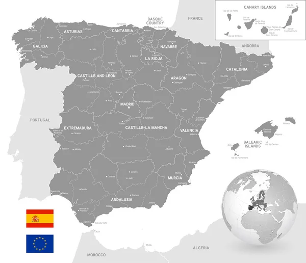 Mapa Vetorial Cinzento Espanha Com Fronteiras Administrativas Nomes Cidades Regiões — Vetor de Stock