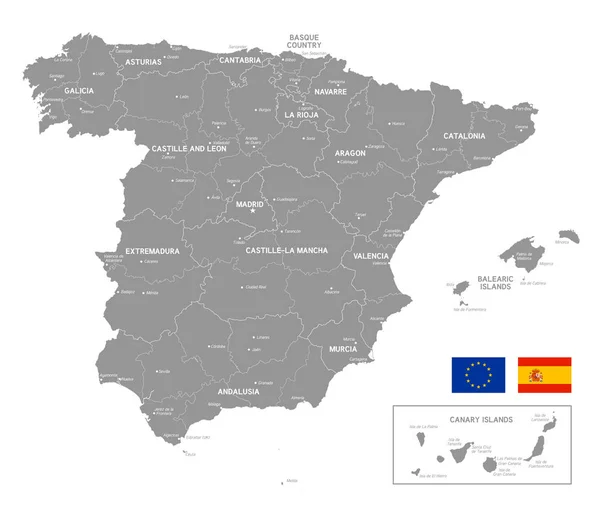 Cinzento Vector Mapa Espanha Com Fronteiras Administrativas Nomes Cidade Região — Vetor de Stock