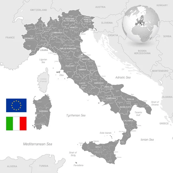 Gris Vector Mapa Político Italia Con Región Llena Las Provincias — Vector de stock