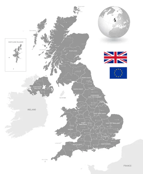 Carte Vectorielle Grise Royaume Uni Avec Frontières Administratives Noms Villes — Image vectorielle