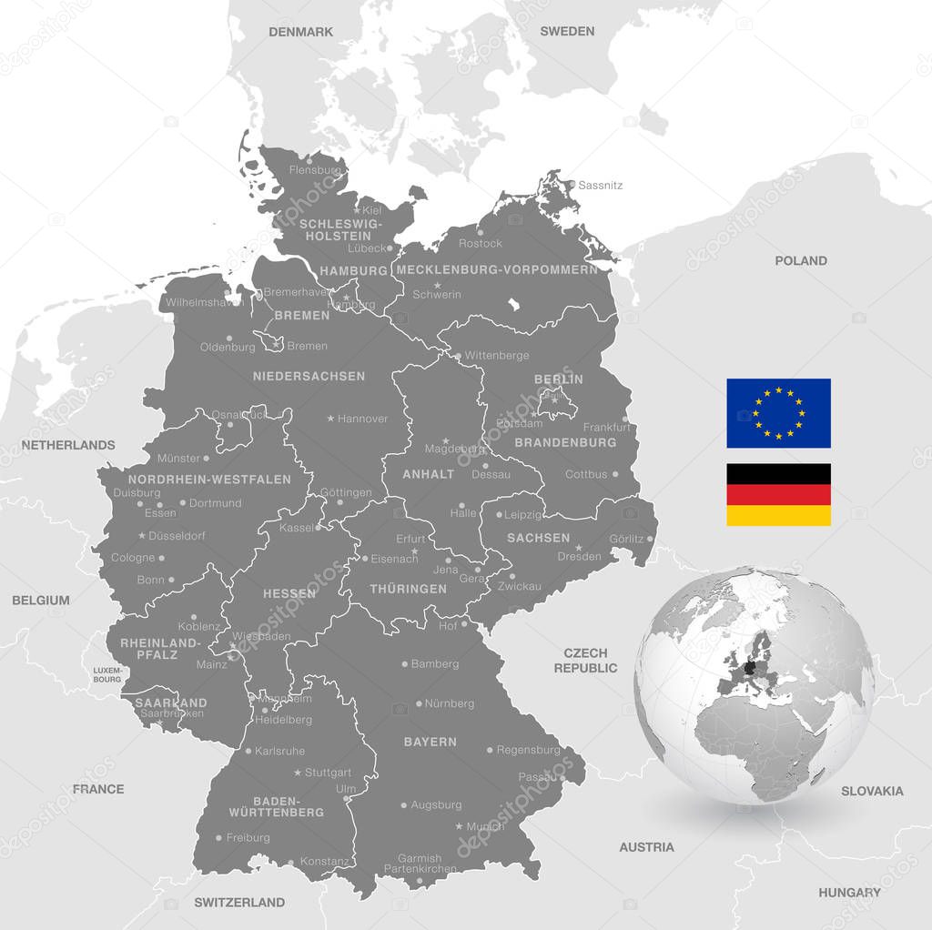 Grey Vector Map of Germany with Administrative borders, City and Region Names, international bordering countries and a 3D Globe centered on Germany