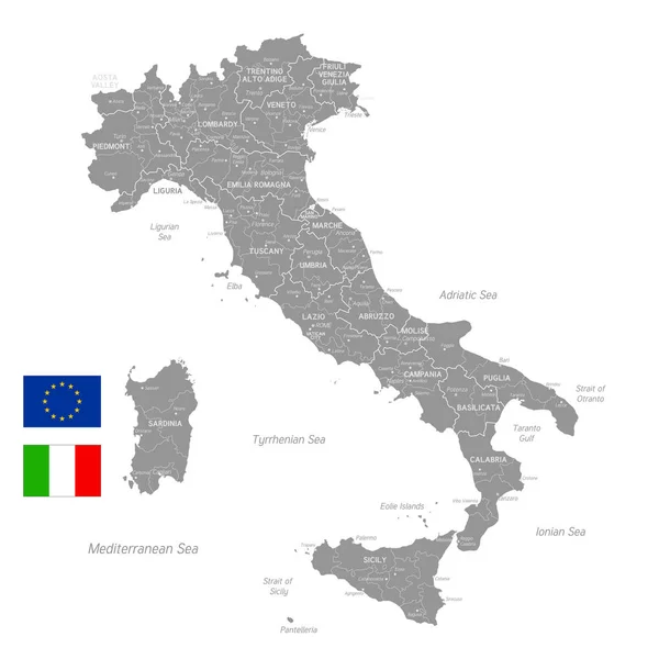 Mappa Vettoriale Grigia Italia Con Confini Amministrativi Nomi Città Regione — Vettoriale Stock