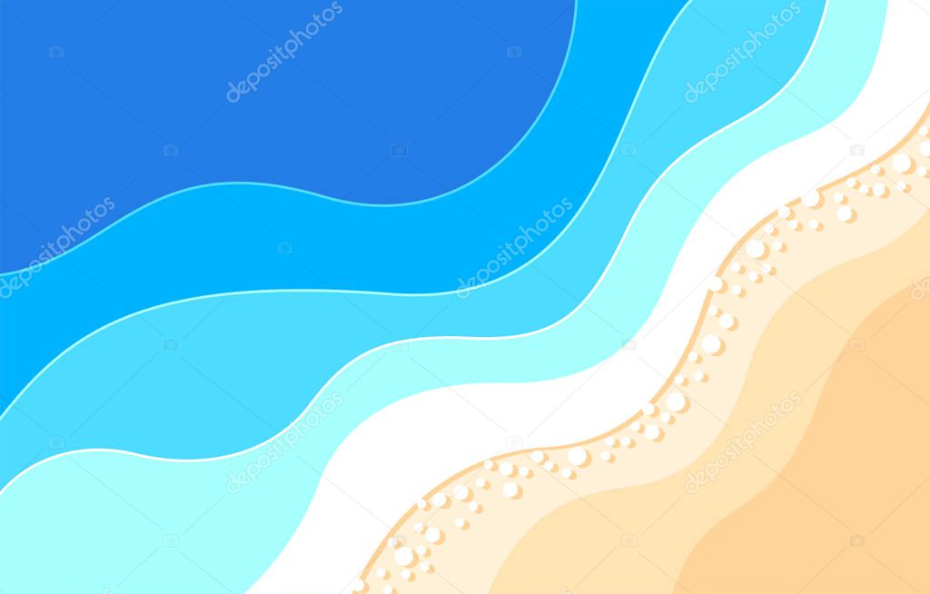 Abstract blue sea and beach summer background with colorful waves and sandy beach. Great for summer or vacation banners, invites, posters or web site design.