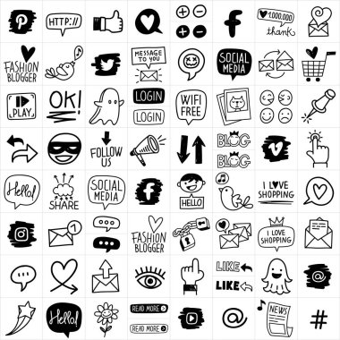Büyük çok şirin elle çizilmiş vektör Sosyal Medya Icon illüstrasyon Set. Internet siteleri, uygulamaları ve Bloglar için büyük.