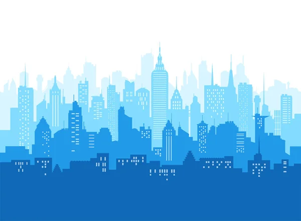 Estilo Plano Cidade Skyline Vetor Ilustração Paisagem Urbana Tons Azul —  Vetores de Stock