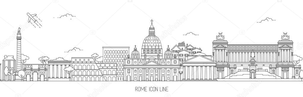 Rome Thin Line Skyline Vector Illustration with the most iconic landmarks of the Eternal City.