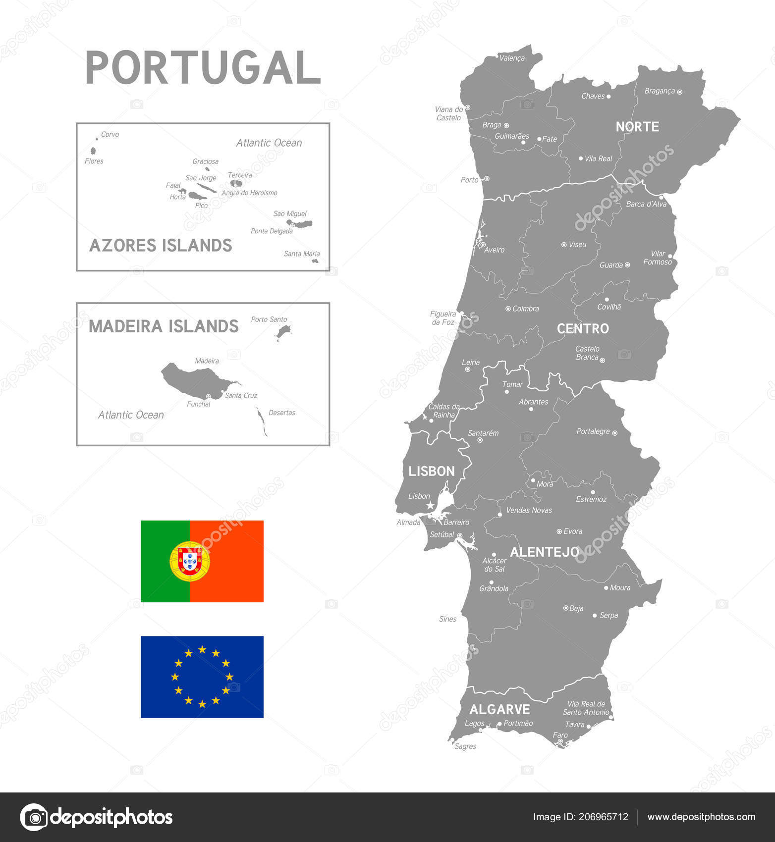 Mapa Portugal Com Fronteiras Regiões vetor(es) de stock de