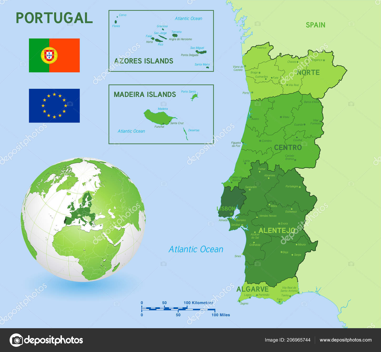 Portugal Map on a World Map with Flag and Map Pointer. Vector