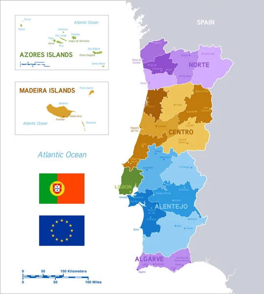 Barevné Politické Vektorová Mapa Portugalska Hlavních Ostrovů Vlajkami Portugalska Evropské — Stockový vektor