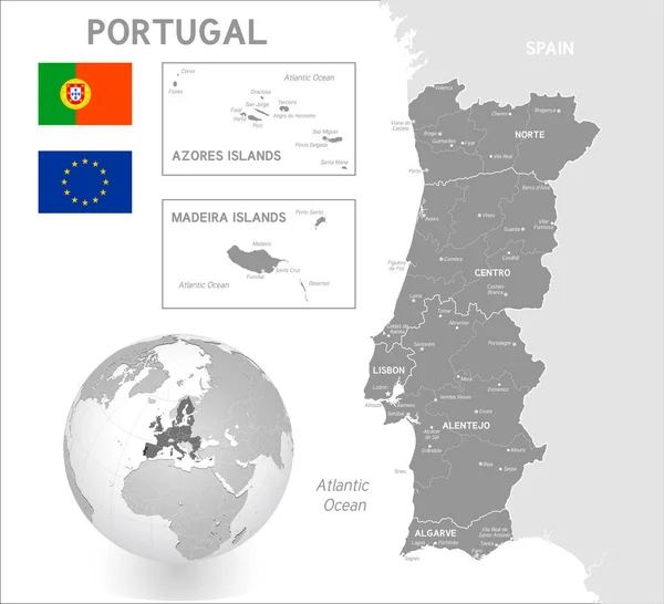 葡萄牙的灰色矢量地图与行政边界 城市和区域名字 国际毗邻国家和一个3D 地球以葡萄牙为中心 — 图库矢量图片