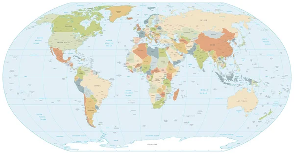 カラフルな古典的なロビンソン投影ベクトル マップ層巧みに世界のすべての国 主要都市 主要な地理的な特徴の名前 — ストックベクタ