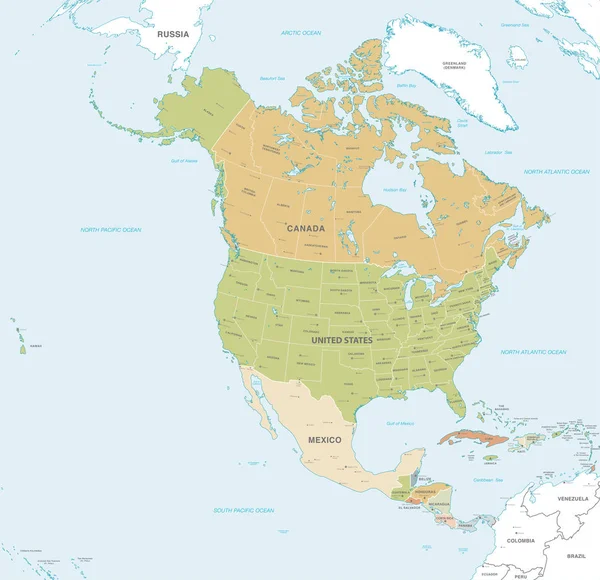 Vektorkarte Des Nord Und Mittelamerikanischen Kontinents Mit Ländern Hauptstädten Hauptstädten — Stockvektor