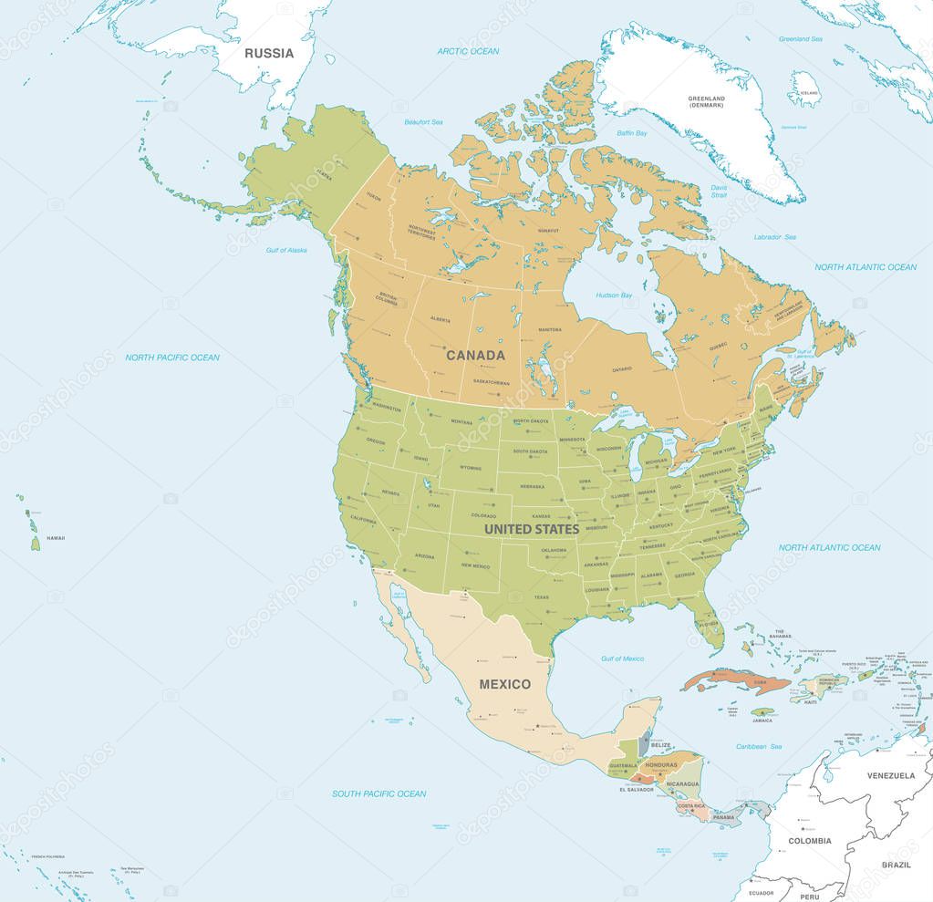 Vector map of North and Central America Continent with Countries, Capitals, Main Cities and Seas and islands names in classic soft colors.