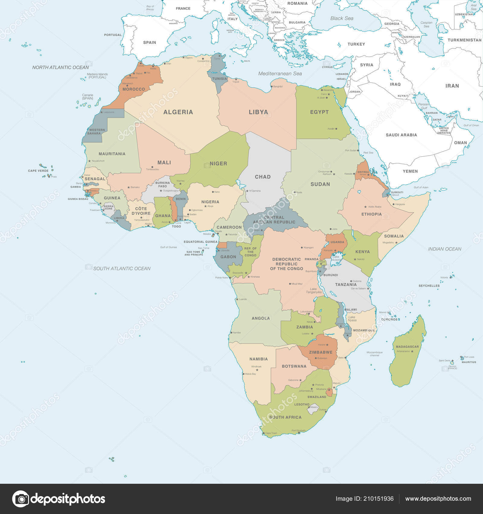 Vector Map Africa Continent Countries Capitals Main Cities Seas Islands ...