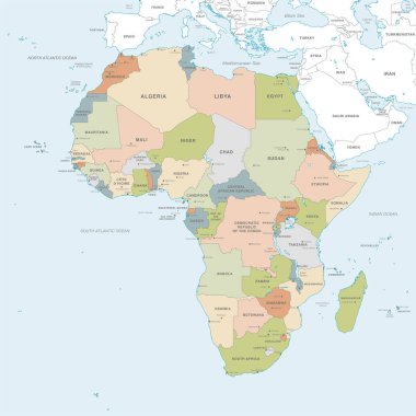 Vektör harita Afrika kıtasının ülkeleri, başkentleri, ana şehirler ve klasik yumuşak renkler deniz ve adalar adlarında.