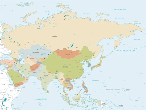 アジア大陸の国 主要都市および古典的な柔らかな色で海と島の名前のベクトル地図 — ストックベクタ