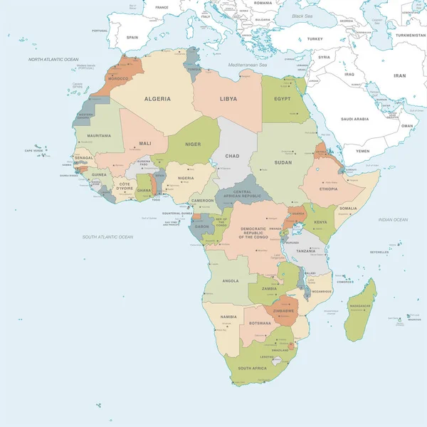 Mapa Vectorial Del Continente Africano Con Nombres Países Capitales Ciudades — Vector de stock