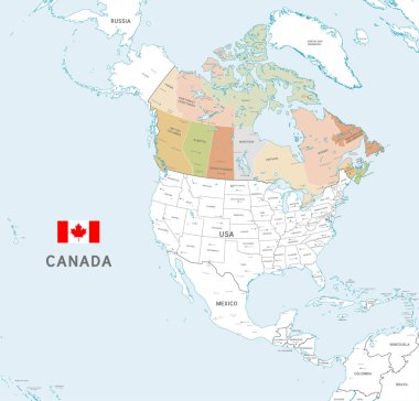 Vektör harita Kanada idari sınırları, şehir ve bölge adları ve yumuşak renkleri paletinde uluslararası sınır ülke