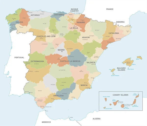 Mappa Vettoriale Della Spagna Con Confini Amministrativi Nomi Città Regioni — Vettoriale Stock