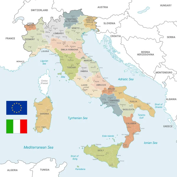 Mapa Vectorial Italia Con Fronteras Administrativas Ciudad Región Nombres Países — Vector de stock