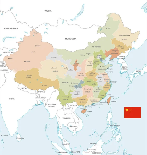 管理上のボーダー 都市と地域名で柔らかい色パレット中国際的な国境を接する国と中国のベクトル地図 — ストックベクタ