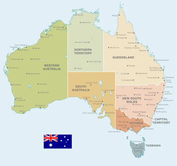 Vektorová Mapa Austrálie Administrativní Hranice Město Názvy Oblastí Jemných Barvách — Stockový vektor