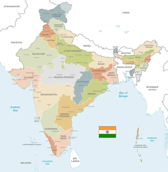 管理上のボーダー 都市と地域名で柔らかい色パレット中国際的な国境を接する国とインドのベクトル地図 — ストックベクタ