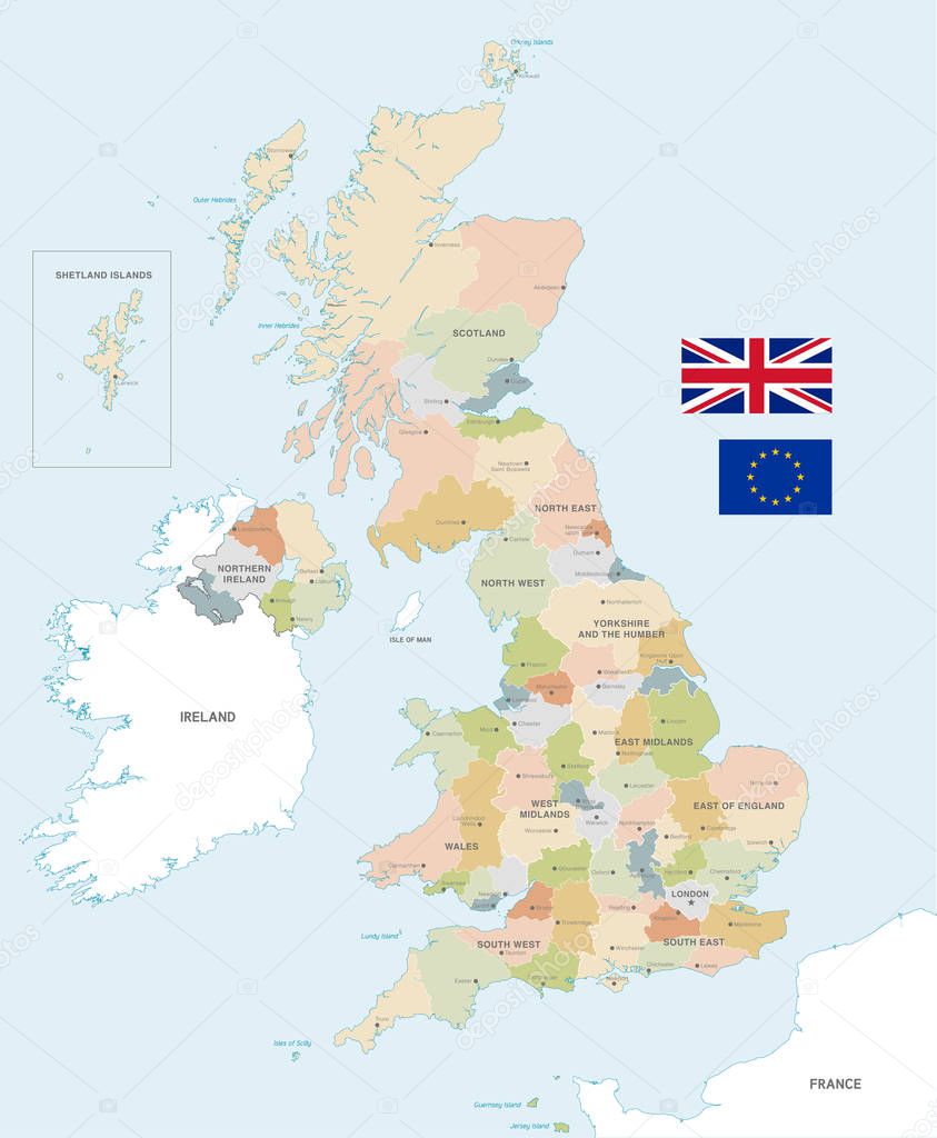 Vector Map of the UK with Administrative borders, City and Region Names and international bordering countries in soft colors palette