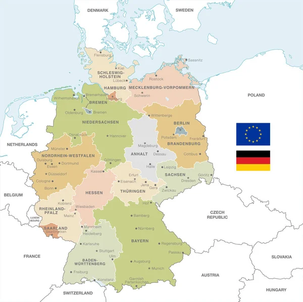 Mappa Vettoriale Della Germania Con Confini Amministrativi Nomi Città Regioni — Vettoriale Stock