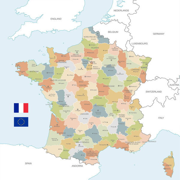 Vector Map of France with Administrative borders, City and Region Names and international bordering countries in soft colors palette