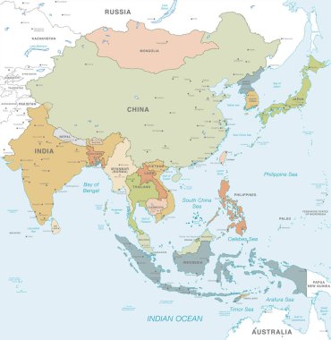 Klasik yumuşak renkler paleti ülkeleri, başkentleri, ana şehirler ve denizler ve Adaları isimler ile Doğu Asya kıtasının vektör harita.