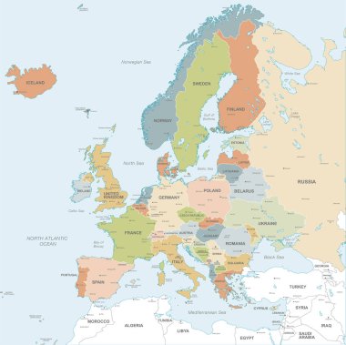 Avrupa kıtasının ülkeleri, başkentleri, ana şehirler ve klasik yumuşak renkler deniz ve adalar adlarında vektör harita.