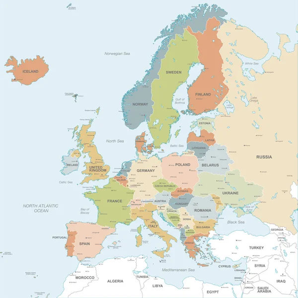 Mapa Vetorial Continente Europeu Com Nomes Países Capitais Principais Cidades —  Vetores de Stock